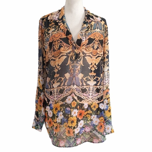 Lily MOSS  COLORFUL MULTIPATTERN MAXIMALIST SHEER LOOSE FIT TUNIC BLOUSE - Picture 1 of 6